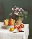 Still life primroses, pears and pomegranates, 1866 painting by Henri Fantin-Latour Royalty Free Stock Photo